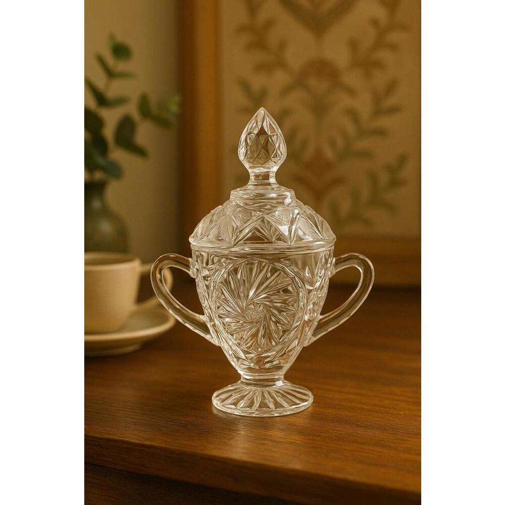 Bohemian 1950s Pinwheel Stars Pressed Glass Sugar Bowl With Lid, 3.25x6.25”